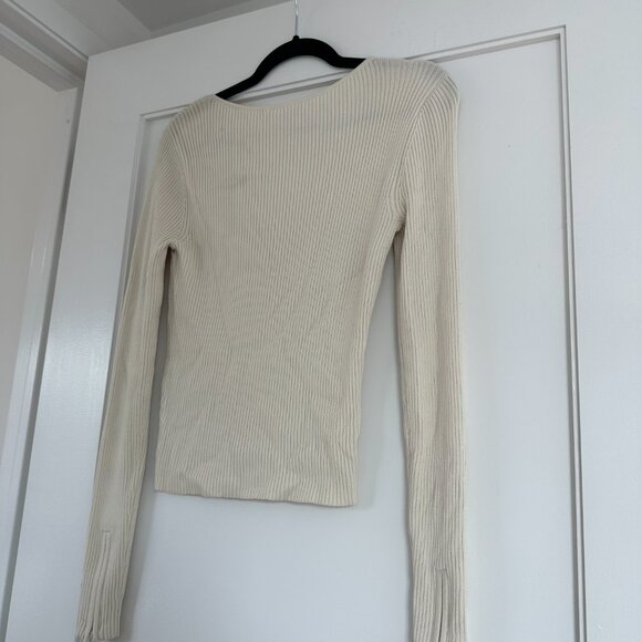 Frame Long Sleeve Top Rib Knit Fitted Scooped Square Neckline Size Small In Bone - Picture 9 of 10